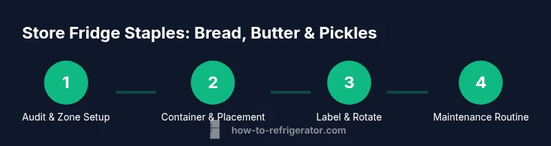 Process diagram showing steps to store bread, butter, and pickles in a refrigerator