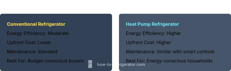 Comparison infographic showing traditional vs heat pump refrigerators