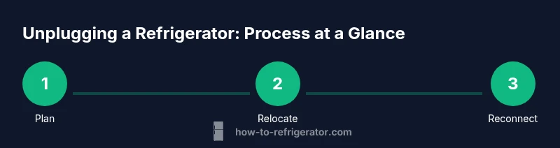 Process diagram showing planning, relocation of perishables, and reactivating a refrigerator