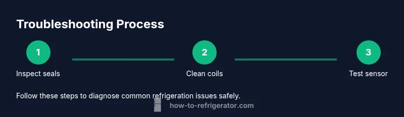 Infographic showing a three-step process for troubleshooting a restaurant refrigerator