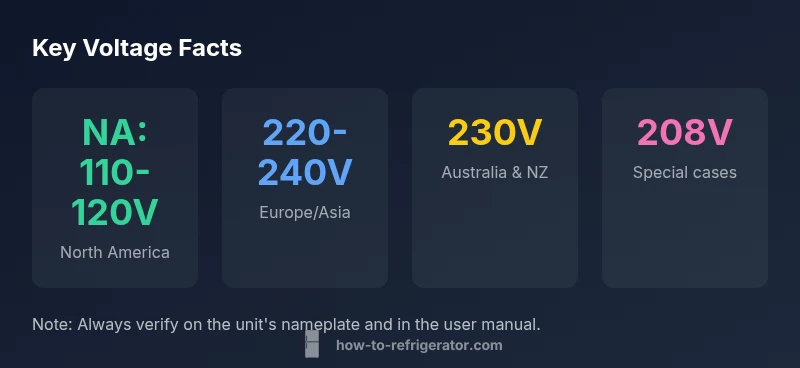 Infographic showing regional voltage standards for refrigerators