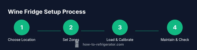 Process diagram showing choosing, placing, calibrating, and maintaining a wine fridge