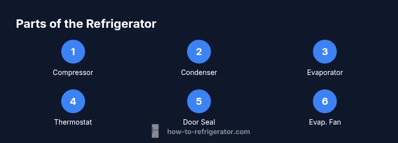 Diagram showing major refrigerator parts: compressor, condenser coils, evaporator, thermostat, door seals, evaporator fan