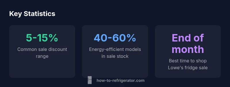 Infographic showing sale discounts, energy-efficiency inventory, and timing for Lowe's fridge sales