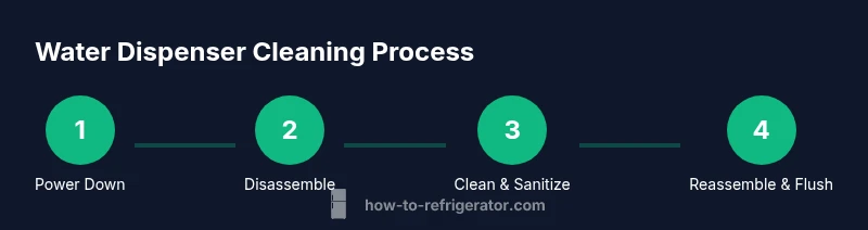 Process diagram showing steps to clean refrigerator water dispenser