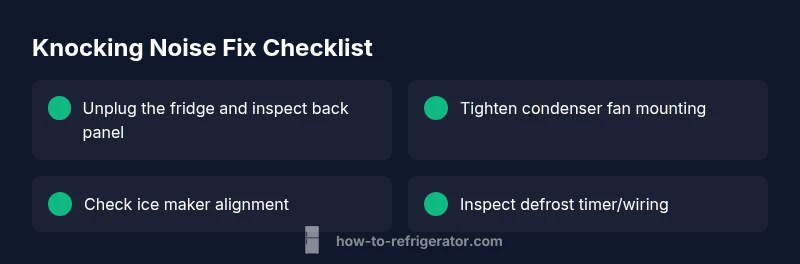 Infographic checklist for diagnosing knocking noises in a refrigerator