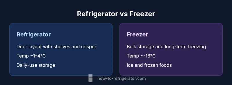 Tailwind-styled infographic comparing refrigerator and freezer features