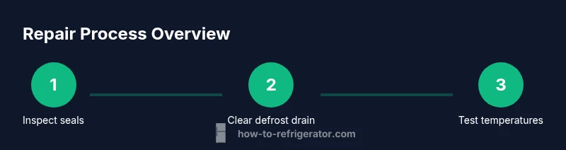 Infographic showing a three-step repair process for a glass door freezer