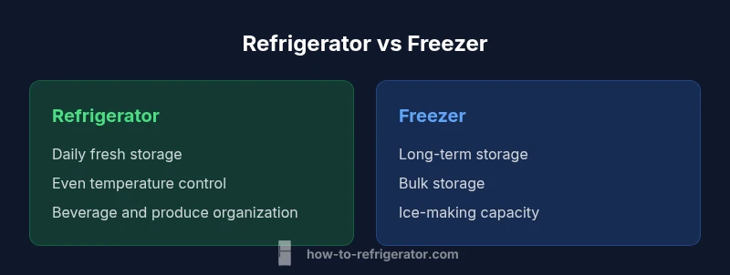 Comparison infographic showing refrigerator vs freezer features