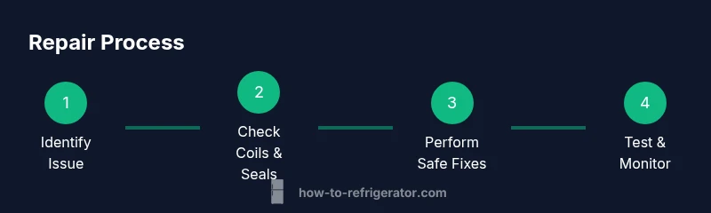 Infographic showing four-step repair process for a small refrigerator