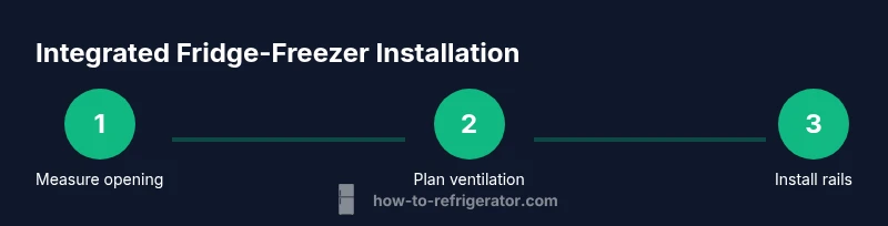 Diagram of steps to install an integrated fridge-freezer with cabinet panels