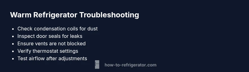 Checklist infographic showing steps to fix a warm refrigerator