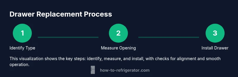 Process diagram showing three steps for refrigerator drawer replacement