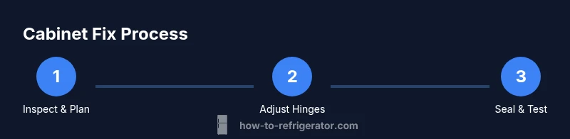 Process diagram showing inspection, adjustment, and sealing steps for refrigerator cabinet repair