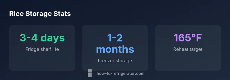 Infographic showing fridge and freezer rice storage durations and reheating temperature