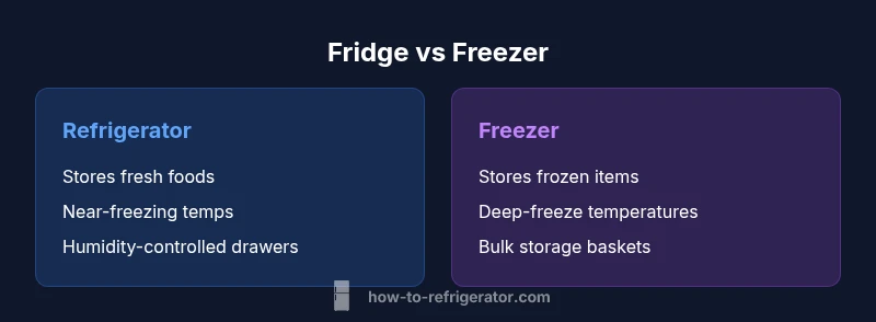 Comparison infographic showing refrigerator vs freezer features