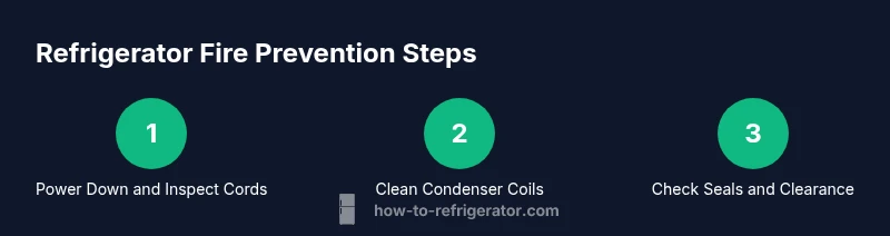 Process infographic showing refrigerator fire prevention steps