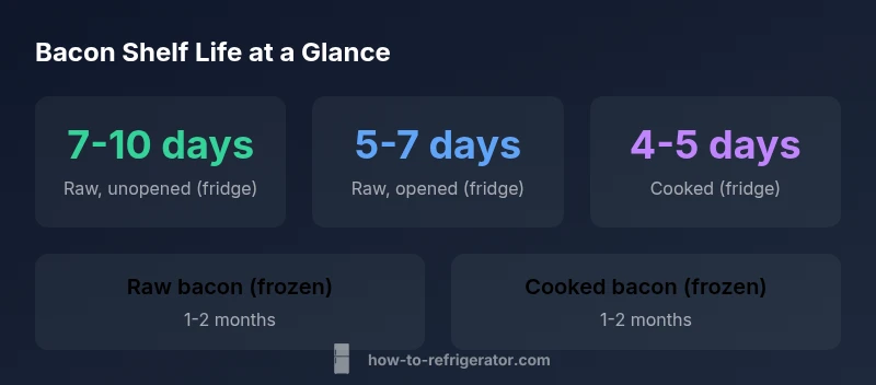 Stat infographic showing bacon shelf life by state and storage method